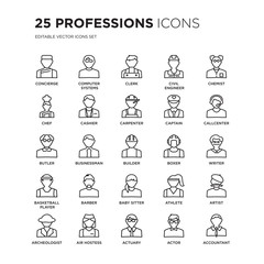 Set of 25 Professions linear icons such as Concierge, Computer Systems Analyst, Clerk, Civil Engineer, Chemist, Callcenter, vector illustration of trendy icon pack. Line icons with thin line stroke.