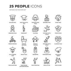 Set of 25 People linear icons such as Sailor face, Sad man with hat, Russian Referee man, Punk Pirate face, vector illustration of trendy icon pack. Line icons with thin line stroke.