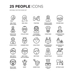 Set of 25 People linear icons such as Girl face with long hair, face, Fighting, Female User Management, Father, vector illustration of trendy icon pack. Line icons with thin line stroke.