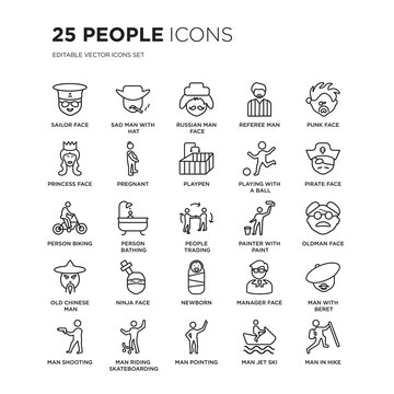 Set of 25 People linear icons such as Sailor face, Sad man with hat, Russian Referee man, Punk Pirate face, vector illustration of trendy icon pack. Line icons with thin line stroke.