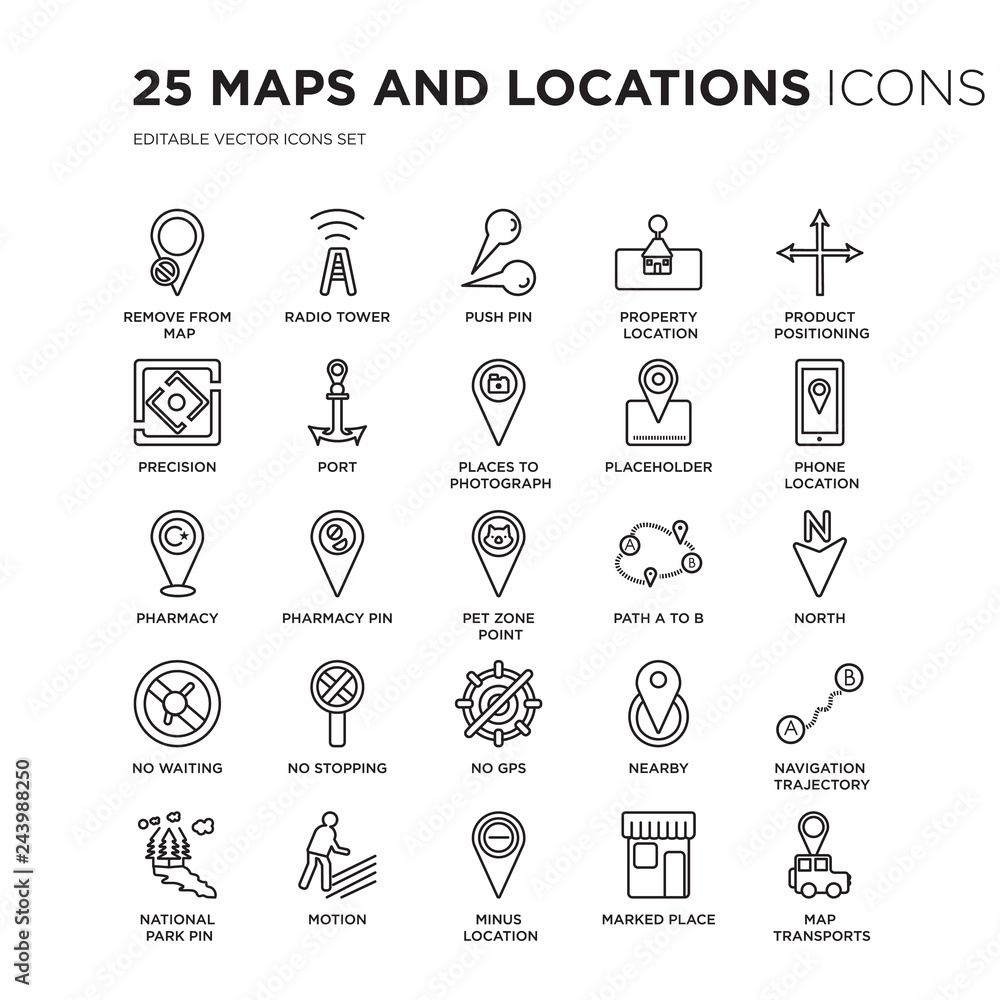 Poster set of 25 maps and locations linear icons such as remove from map, radio tower, push pin, property l