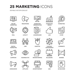 Set of 25 Marketing linear icons such as Online marketing, Megaphone, marketing Presentation, Graph, , vector illustration of trendy icon pack. Line icons with thin line stroke.