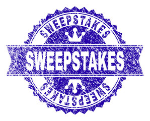 SWEEPSTAKES rosette stamp imprint with grunge style. Designed with round rosette, ribbon and small crowns. Blue vector rubber watermark of SWEEPSTAKES tag with grunge style.