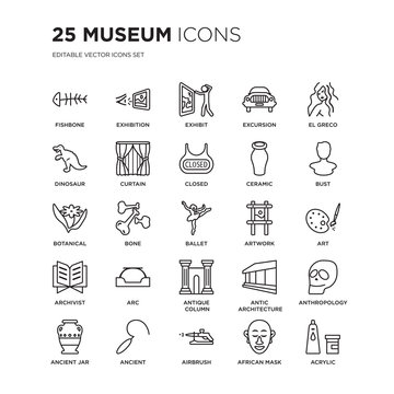 Set of 25 Museum linear icons such as Fishbone, Exhibition, Exhibit, Excursion, El greco, Bust, Art, Anthropology, Ancient, vector illustration of trendy icon pack. Line icons with thin line stroke.