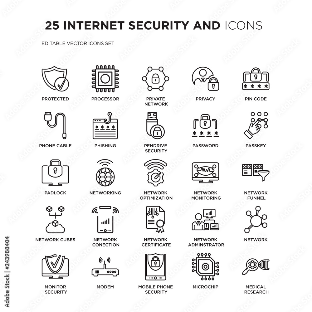 Poster set of 25 internet security and linear icons such as protected, processor, private network, privacy,
