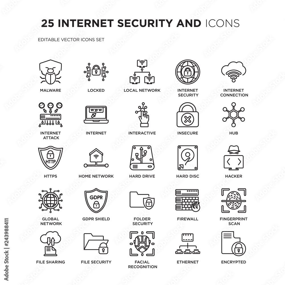 Poster set of 25 internet security and linear icons such as malware, locked, local network, internet securi