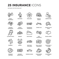 Set of 25 Insurance linear icons such as Family insurance, Wounded, Wellness, Vehicle repair, Unemployed, Stone on the road, vector illustration of trendy icon pack. Line icons with thin line stroke.
