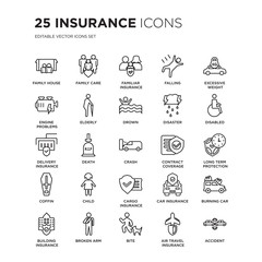 Set of 25 Insurance linear icons such as Family House, Care, Familiar insurance, Falling, vector illustration of trendy icon pack. Line icons with thin line stroke.