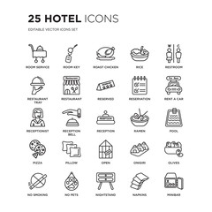 Set of 25 Hotel linear icons such as Room service, key, Roast chicken, Rice, Restroom, Rent a car, Pool, Olives, No pets, vector illustration of trendy icon pack. Line icons with thin line stroke.