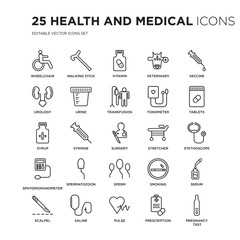 Set of 25 Health and Medical linear icons such as Wheelchair, Walking stick, vitamin, Veterinary, Vaccine, Tablets, vector illustration of trendy icon pack. Line icons with thin line stroke.