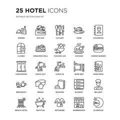 Set of 25 Hotel linear icons such as Dinner, Dim sum, Cutlery, Crab, Cookbook, Cheese burger, Wine menu, Bellboy, Bathtub, vector illustration of trendy icon pack. Line icons with thin line stroke.