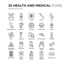 Set of 25 Health and Medical linear icons such as Poisonous, Poison, Plaster, Pipette, Pills, Patient, Ointment, vector illustration of trendy icon pack. Line icons with thin line stroke.
