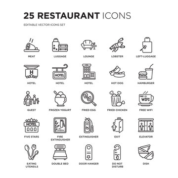 Set of 25 Restaurant linear icons such as Meat, Luggage, Lounge, Lobster, Left-luggage, Hamburger, Free wifi, Elevator, vector illustration of trendy icon pack. Line icons with thin line stroke.