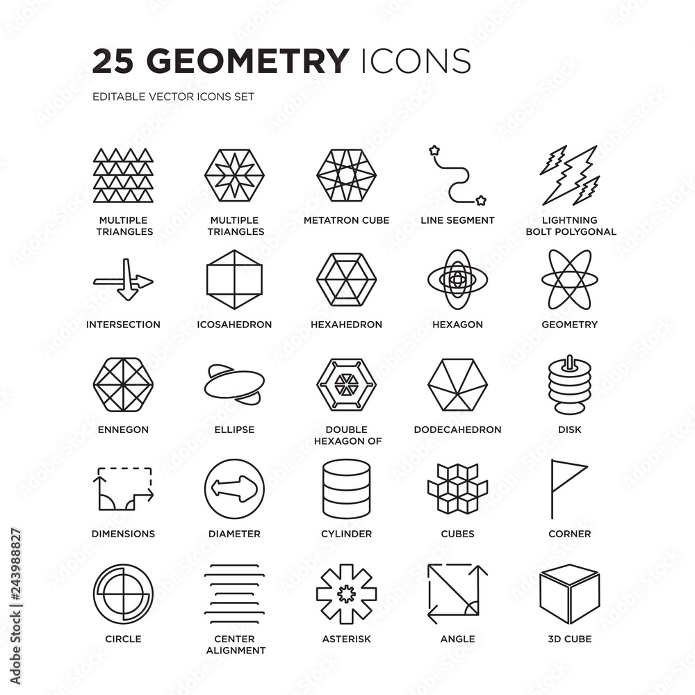 Poster set of 25 geometry linear icons such as multiple triangles triangle, inside hexagon, metatron cube, 