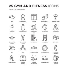 Set of 25 Gym and fitness linear icons such as Mat, Lumbar belt, Locker, Kettlebells, Jumping rope, Hand grip, bars, vector illustration of trendy icon pack. Line icons with thin line stroke.