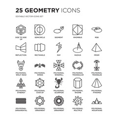 Set of 25 Geometry linear icons such as Side to side a cube, Semicircle, Segment, Rhombus, Rgb, Prism, vector illustration of trendy icon pack. Line icons with thin line stroke.