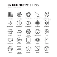 Set of 25 Geometry linear icons such as Multiple triangles triangle, inside hexagon, Metatron cube, Line segment, vector illustration of trendy icon pack. Line icons with thin line stroke.