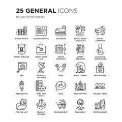 Set of 25 General linear icons such as stock prices, sound control, solarium, social media specialist, campaign, vector illustration of trendy icon pack. Line icons with thin line stroke.