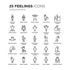 Set of 25 Feelings linear icons such as grateful human, good funny full frustrated exhausted human, vector illustration of trendy icon pack. Line icons with thin line stroke.