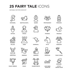 Set of 25 Fairy Tale linear icons such as rapunzel, Quetzalcoatl, Queen, protagonist, Princess, Pegasus, Monster, Magic wand, vector illustration of trendy icon pack. Line icons with thin line stroke.