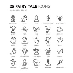 Set of 25 Fairy Tale linear icons such as Leprechaun, Knight, King, Karakasakozou, Jolly roger, Gryphon, Ghost, Fanfare, vector illustration of trendy icon pack. Line icons with thin line stroke.