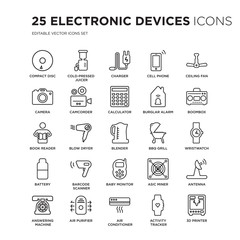 Set of 25 Electronic devices linear icons such as Compact disc, Cold-pressed juicer, Charger, cell phone, ceiling fan, Boombox, vector illustration of trendy icon pack. Line icons with thin line