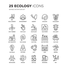 Set of 25 Ecology linear icons such as Eolic energy, Environment, Energy, Ecology, Ecologism, Eco light, car, Bonsai, vector illustration of trendy icon pack. Line icons with thin line stroke.