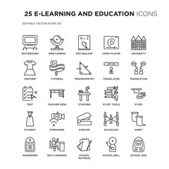 Set of 25 E-LEARNING AND EDUCATION linear icons such as Whiteboard, Web camera, Vocabulary, Video player, University, vector illustration of trendy icon pack. Line icons with thin line stroke.