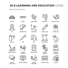 Set of 25 E-LEARNING AND EDUCATION linear icons such as School, Ruler, Raise hand, Question, Qualification, Pencil box, Paper, vector illustration of trendy icon pack. Line icons with thin line