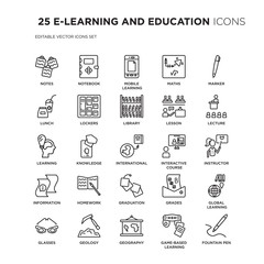 Set of 25 E-LEARNING AND EDUCATION linear icons such as Notes, Notebook, mobile learning, Maths, Marker, Lecture, Instructor, vector illustration of trendy icon pack. Line icons with thin line stroke.