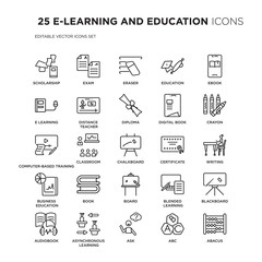 Set of 25 E-LEARNING AND EDUCATION linear icons such as scholarship, Exam, Eraser, Education, Ebook, Crayon, Writing, vector illustration of trendy icon pack. Line icons with thin line stroke.