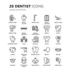 Set of 25 Dentist linear icons such as Dental floss, filling, drill, Checkup, chair, Decay, vector illustration of trendy icon pack. Line icons with thin line stroke.