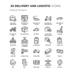 Set of 25 DELIVERY AND LOGISTIC linear icons such as Delivery cancelled, by Website, Plane, Motorcycle, vector illustration of trendy icon pack. Line icons with thin line stroke.