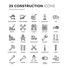 Fototapeta premium Set of 25 Construction linear icons such as Wheelbarrow, Wheel barrow, Welding, Wedge tool, Vise, Tipper, Spade Screw, vector illustration of trendy icon pack. Line icons with thin line stroke.