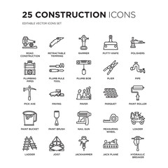 Set of 25 Construction linear icons such as road construction, Retractable trimming knife, Rammer, Putty Polishers, vector illustration of trendy icon pack. Line icons with thin line stroke.