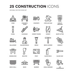 Set of 25 Construction linear icons such as Cone, Concrete mixer, Concrete, Circular saw, Circuit Breaker, Bump cutter, Wrench, vector illustration of trendy icon pack. Line icons with thin line