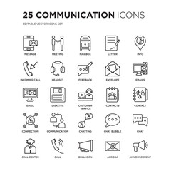 Set of 25 Communication linear icons such as Message, Meeting, Mailbox, Letter, Info, Emails, Contact, Chat, Call, vector illustration of trendy icon pack. Line icons with thin line stroke.