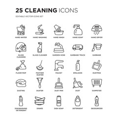 Set of 25 Cleaning linear icons such as Hard Water, Hand washing, wash, soap, dryer, Garbage, Dustpan, Dumpster, vector illustration of trendy icon pack. Line icons with thin line stroke.