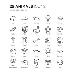 Set of 25 animals linear icons such as Wolf, Whale, weasel, Walrus, Turtle, Squirrel, Sloth, Sea cow, Rhinoceros, Rat, vector illustration of trendy icon pack. Line icons with thin line stroke.