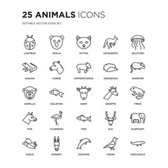 Set of 25 animals linear icons such as Ladybug, Koala, kitten, Kangaroo, Jellyfish, Hamster, Frog, Elephant, Donkey, Crocodile, vector illustration of trendy icon pack. Line icons with thin line