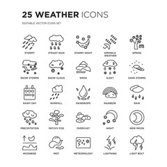Set of 25 Weather linear icons such as Stormy, steady rain, Starry night, Sprinkle weather, Spring, Sand storms, Rain, vector illustration of trendy icon pack. Line icons with thin line stroke.
