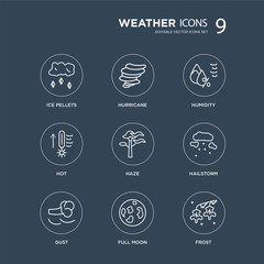 9 ice pellets, Hurricane, Gust, Hailstorm, Haze, Humidity, Hot, Full moon modern icons on black background, vector illustration, eps10, trendy icon set.