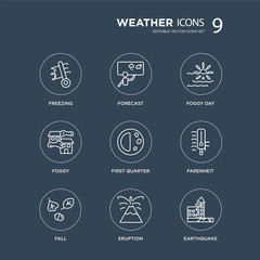 9 Freezing, Forecast, fall, Farenheit, First quarter, Foggy day, Foggy, Eruption modern icons on black background, vector illustration, eps10, trendy icon set.