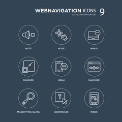 9 Mute, Move, Magnifying glass, Maximize, Menu, Minus, Minimize, Lowercase modern icons on black background, vector illustration, eps10, trendy icon set.