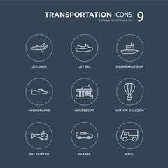 Fototapeta premium 9 jetliner, Jet ski, Helicopter, Hot air balloon, houseboat, icebreaker ship, hydroplane, hearse modern icons on black background, vector illustration, eps10, trendy icon set.