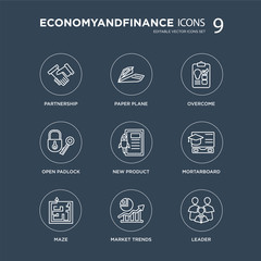 9 Partnership, Paper plane, Maze, Mortarboard, New product, Overcome, Open padlock, Market trends modern icons on black background, vector illustration, eps10, trendy icon set.