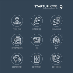 9 Finish flag, Experience, Cooperation, Cup, De, Exchanging, Entrepreneur, Comparison modern icons on black background, vector illustration, eps10, trendy icon set.