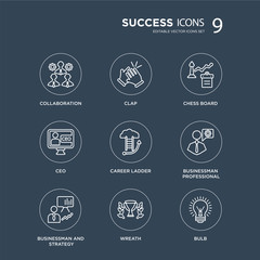 9 Collaboration, Clap, Businessman and strategy, professional, career Ladder, Chess board, Ceo, Wreath modern icons on black background, vector illustration, eps10, trendy icon set.