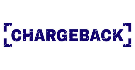 CHARGEBACK text seal imprint with distress texture. Text label is placed between corners. Blue vector rubber print of CHARGEBACK with dirty texture.