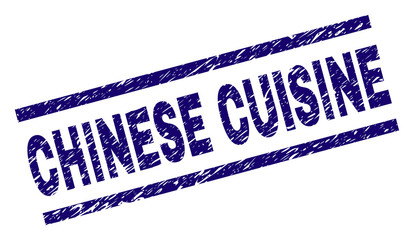 CHINESE CUISINE seal imprint with grunge style. Blue vector rubber print of CHINESE CUISINE text with grunge texture. Text title is placed between parallel lines.